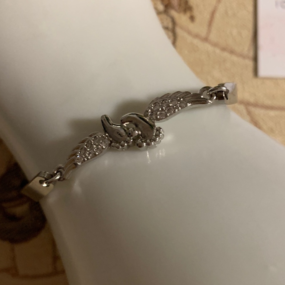 Memorial  Mama of an Angel Silver Winged Bracelet with Tiny Baby Feet